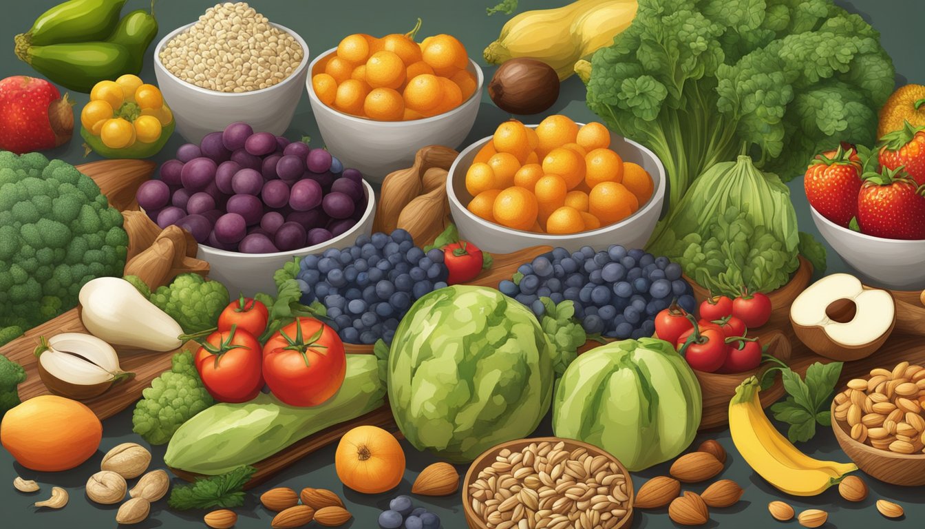 A variety of whole foods and natural sources of nutrients, such as fruits, vegetables, nuts, and seeds, displayed on a table with vibrant colors and textures