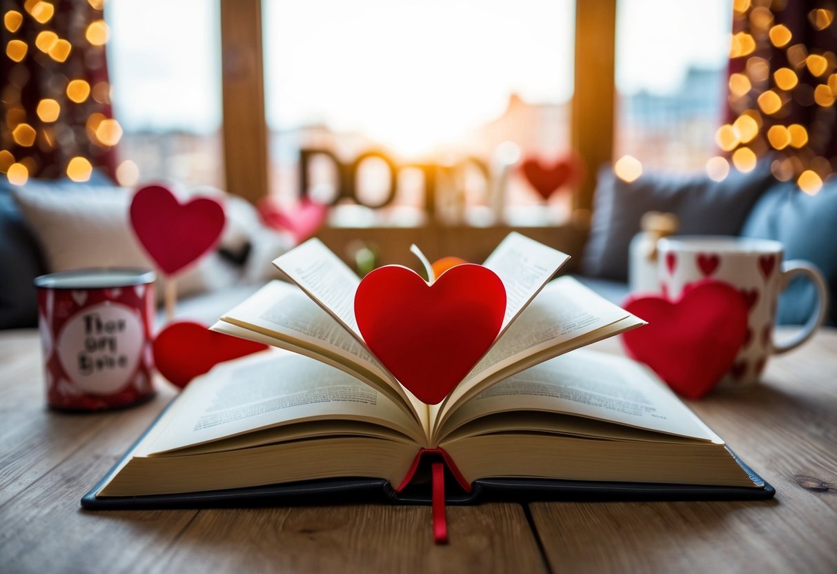 An open book surrounded by playful dating props and a cozy setting
