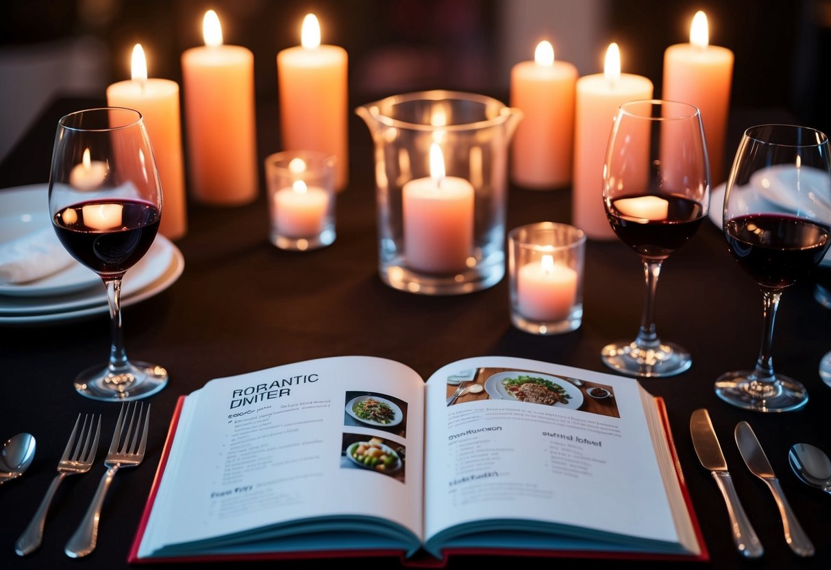 An open cookbook with a romantic dinner recipe surrounded by wine glasses and lit candles