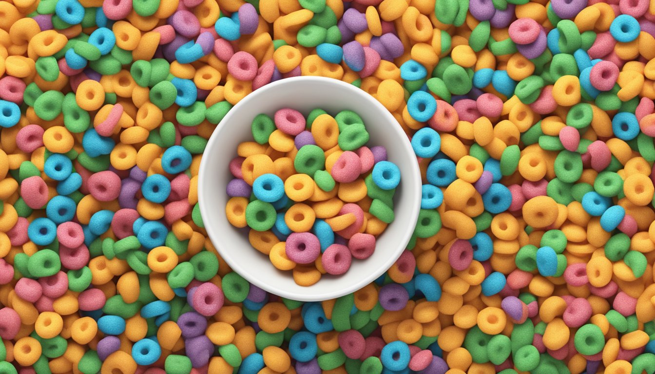 A bowl of Froot Loops overflowing with milk, surrounded by piles of sugar and colorful cereal boxes