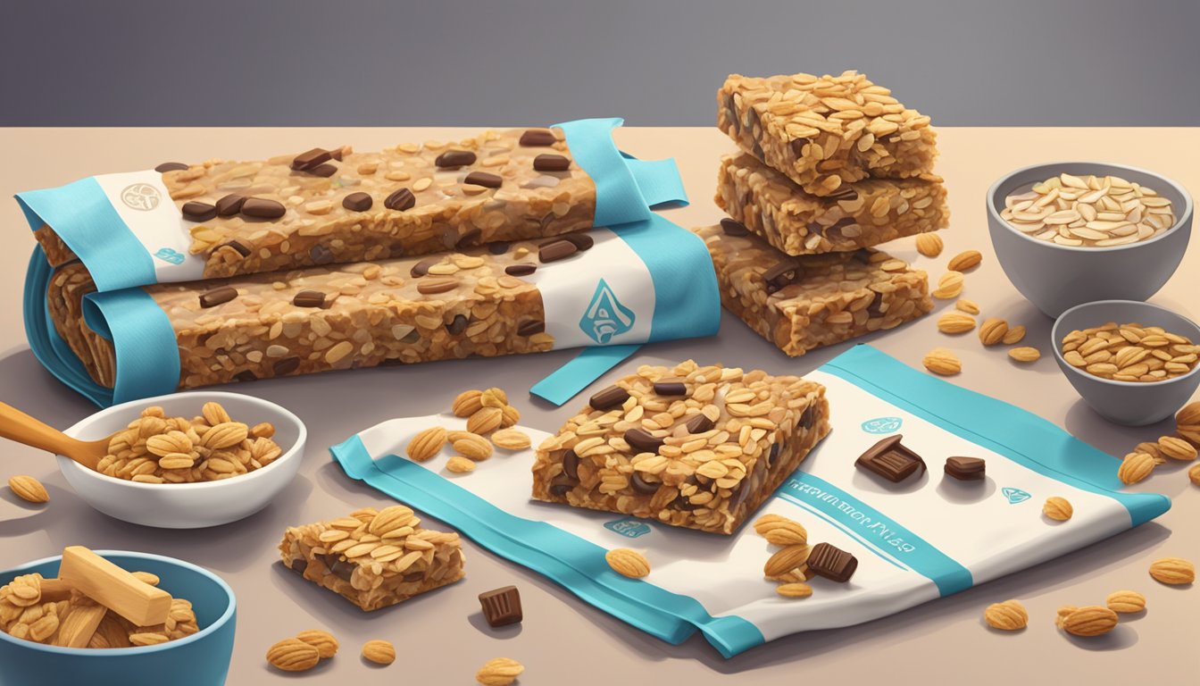 A variety of granola bars scattered on a countertop, surrounded by images of fitness equipment and symbols of health and wellness