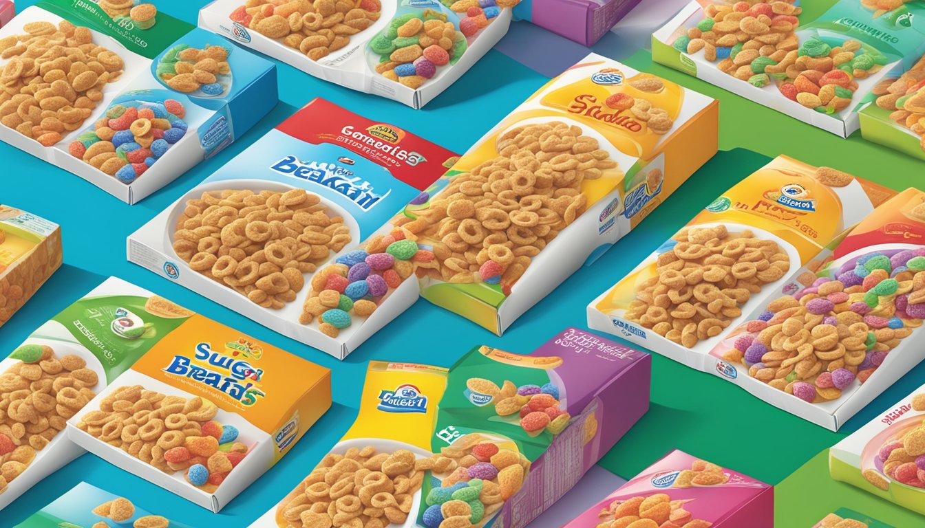 A table with seven cereal boxes, each labeled with a different brand and featuring vibrant, enticing images of sugary breakfast cereals