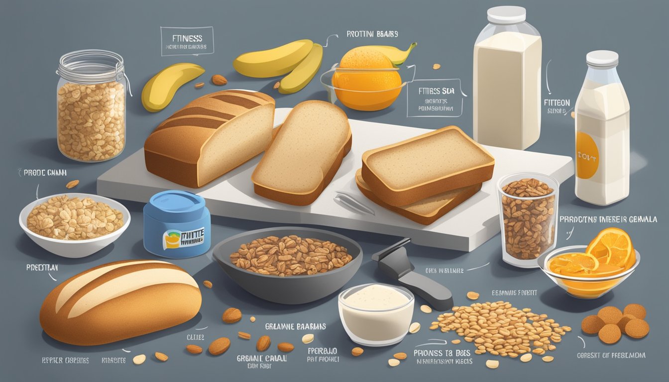 A loaf of white bread surrounded by various items labeled as "fitness" foods, such as protein bars, energy drinks, and granola bars, all arranged on a clean, modern kitchen counter