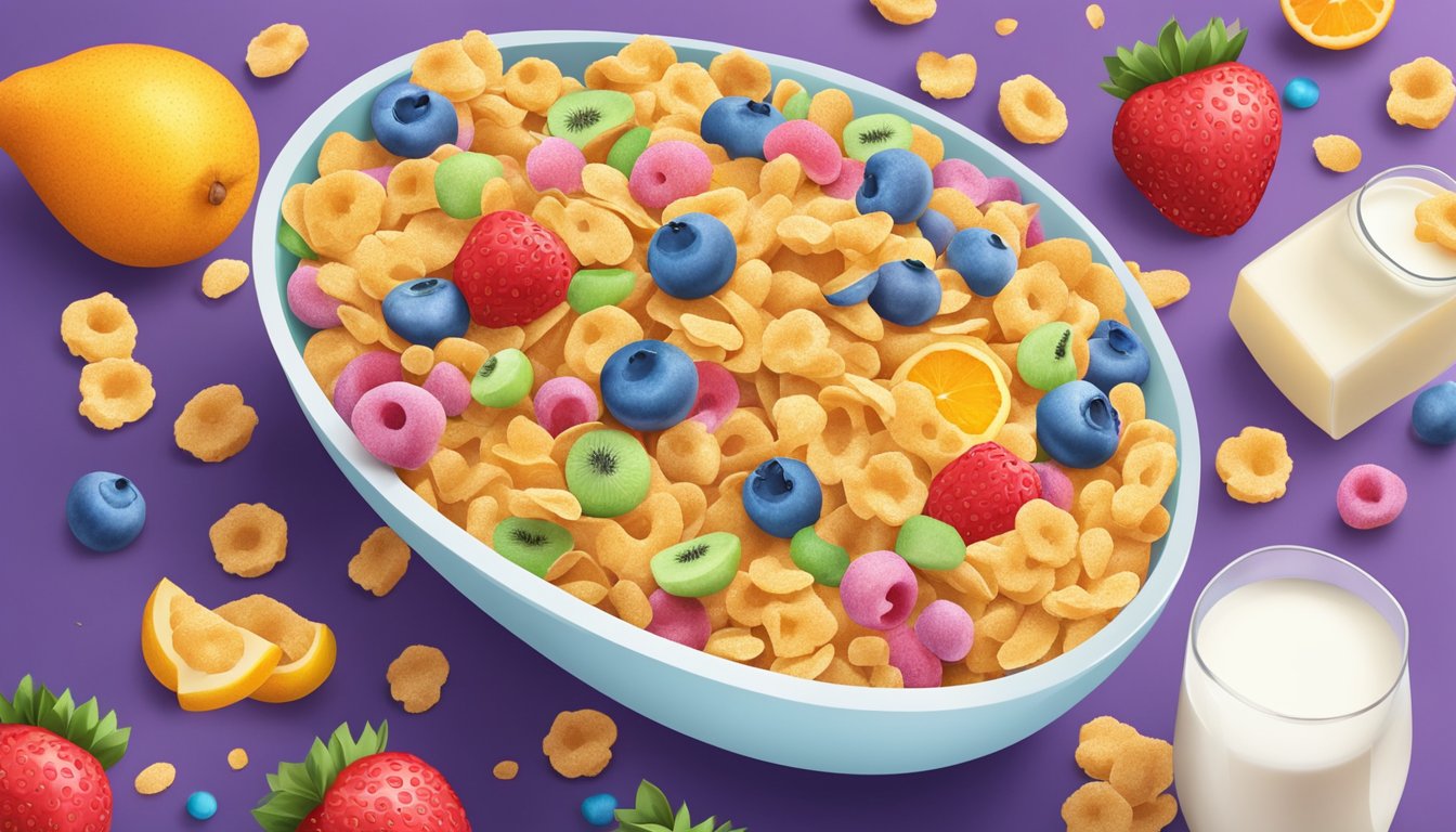 A colorful cereal bowl overflowing with sugary flakes, surrounded by vibrant fruit and a carton of milk