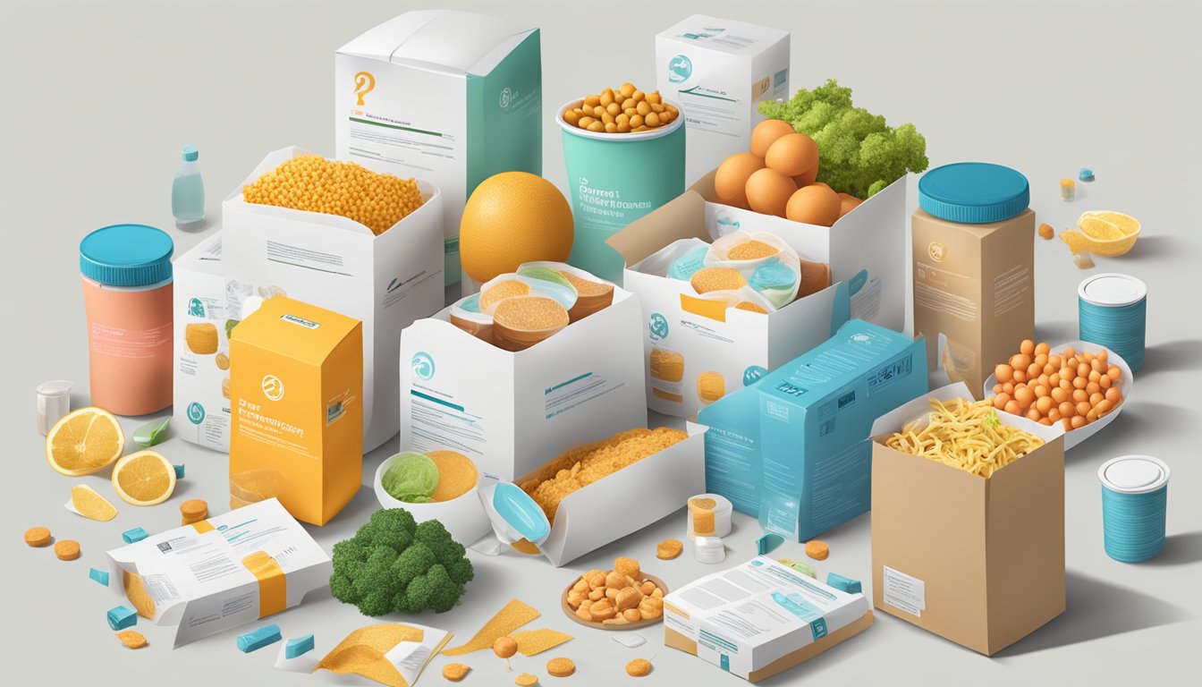 A variety of food packaging with bold claims of boosting the immune system, surrounded by scattered research papers and question marks