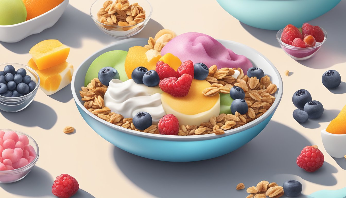 A colorful array of frozen yogurt toppings, including granola, fruit, and nuts, arranged on a clean, modern countertop