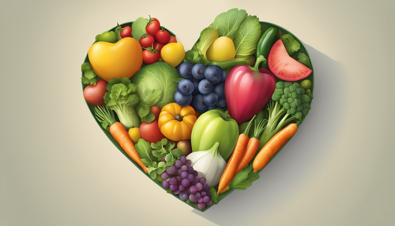 A heart-shaped container surrounded by various fruits and vegetables, with a prominent heart symbol and a cross through it