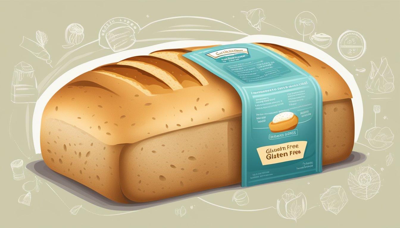 A loaf of bread with a "gluten-free" label surrounded by various health claims on food packaging