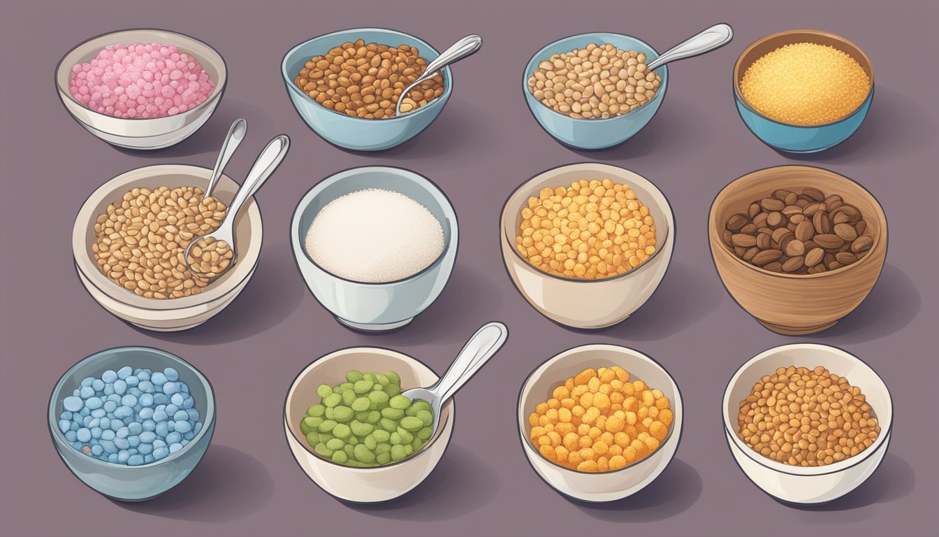 A table with seven bowls of cereal, each labeled with a different brand name. A spoon and a bowl of sugar sit next to them, emphasizing the high sugar content