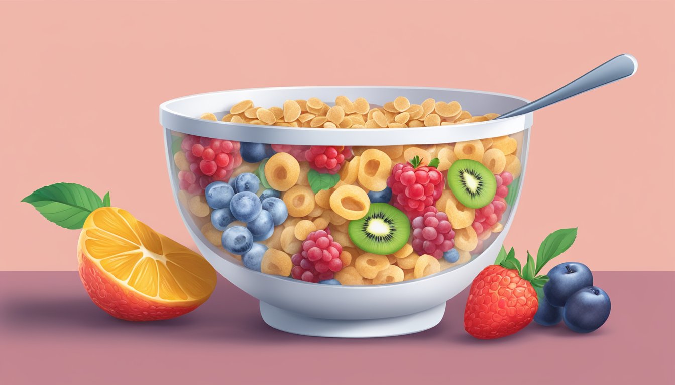 A bowl of fruit-flavored cereal with exaggerated health claims on the packaging