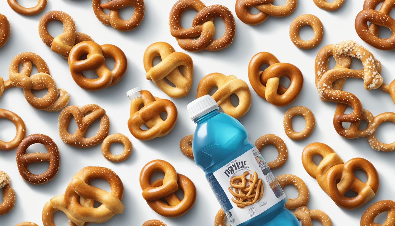 A variety of pretzels arranged on a clean, white surface with a dumbbell and a water bottle in the background