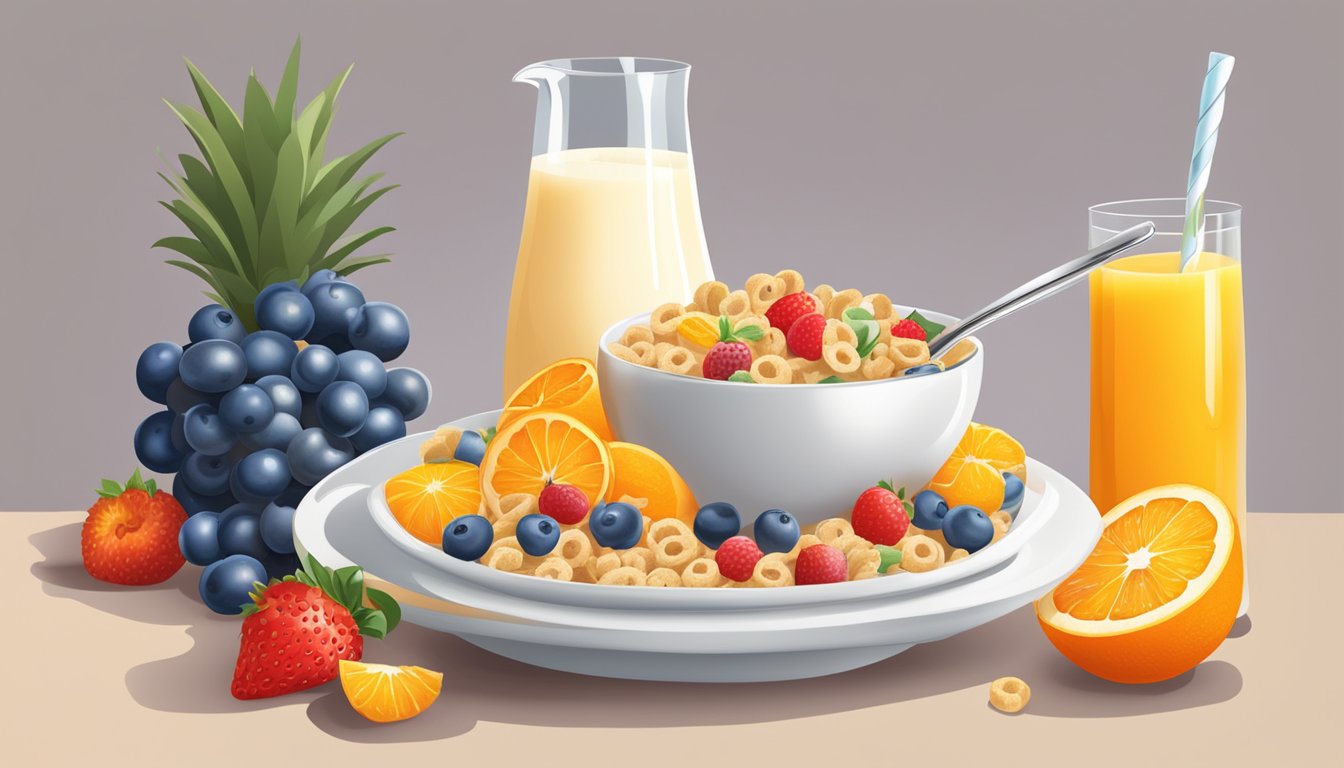 A bowl of cereal with a spoon and milk, surrounded by fresh fruit and a glass of orange juice