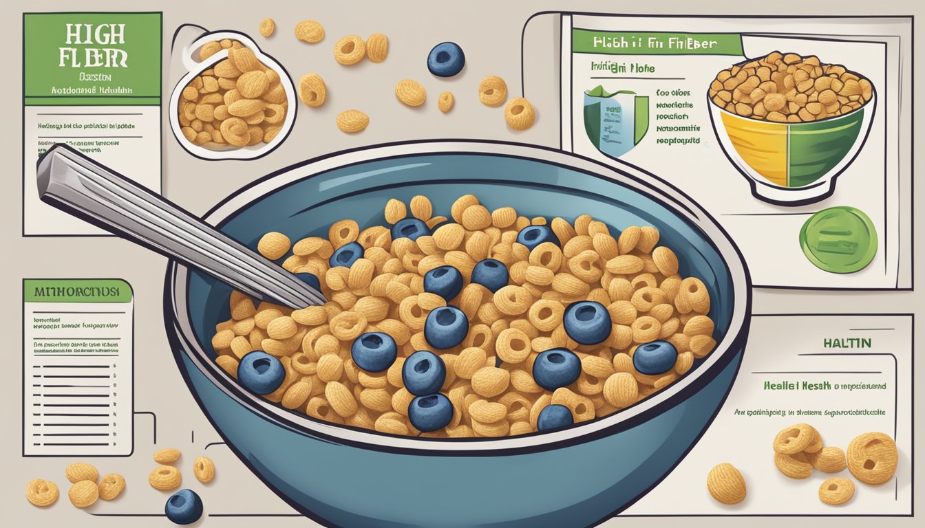 A bowl of cereal with a label boasting "high in fiber" surrounded by artificial ingredients and a list of misleading health claims on the packaging