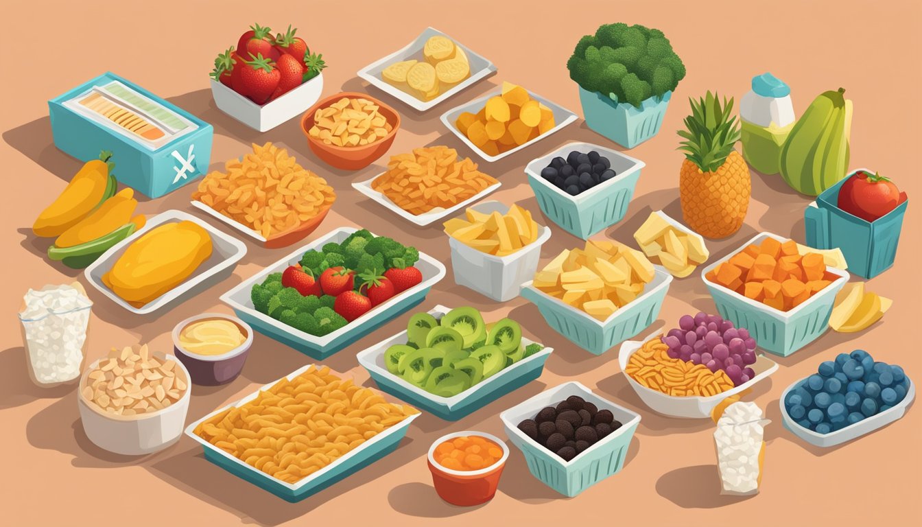 A spread of processed snack foods next to fresh fruits and vegetables, with a bold "X" over the unhealthy options