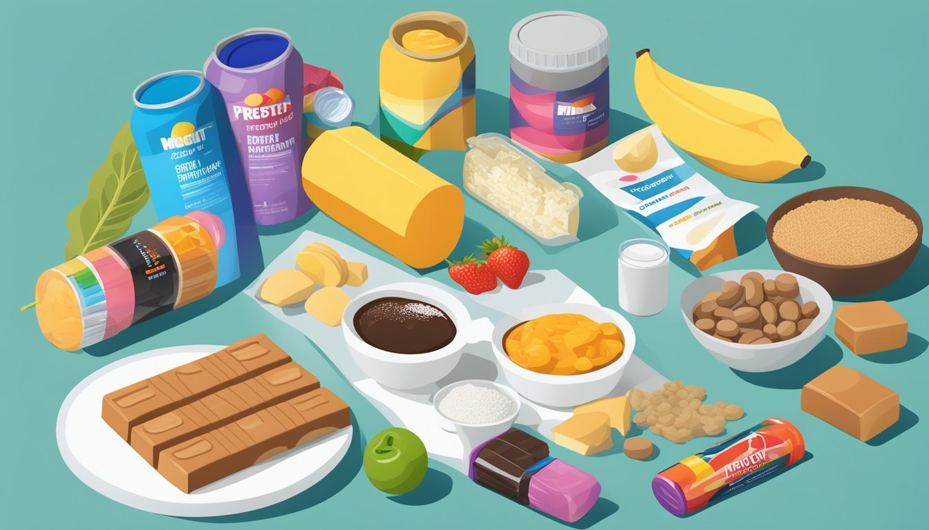 A colorful array of foods, including protein bars, energy drinks, and supplements, are displayed next to a scientific research paper on workout nutrition