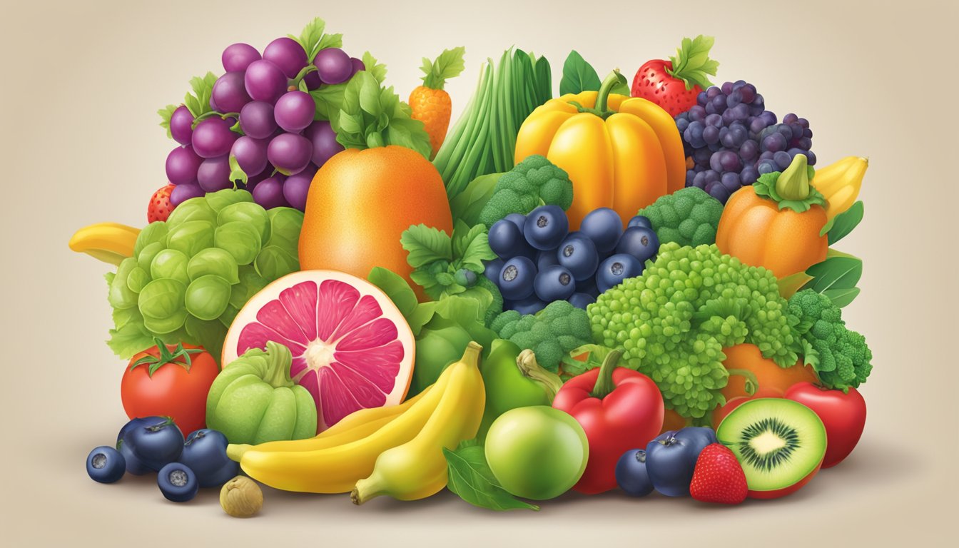 A colorful array of fruits and vegetables bursting with vibrant hues, surrounded by bold claims of "antioxidant-rich" and "health-boosting" on food packaging