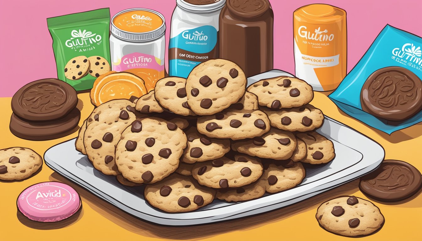 A plate of Glutino Chocolate Vanilla Creme cookies surrounded by other gluten-free junk foods, with a bold "Avoid" label