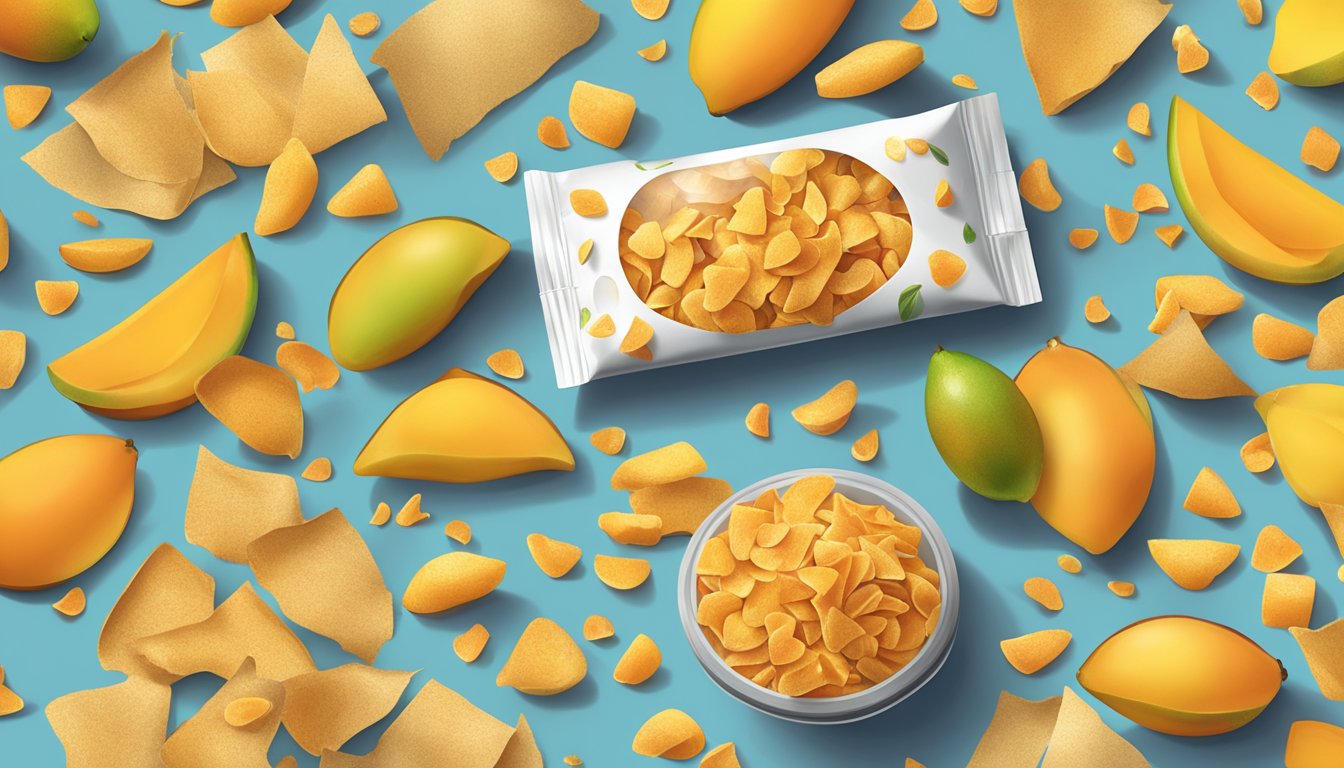 A vibrant pile of dried mango slices surrounded by scattered fruit pieces and a bold packaging of Peeled Snacks Much-Ado-About-Mango Dried Fruit