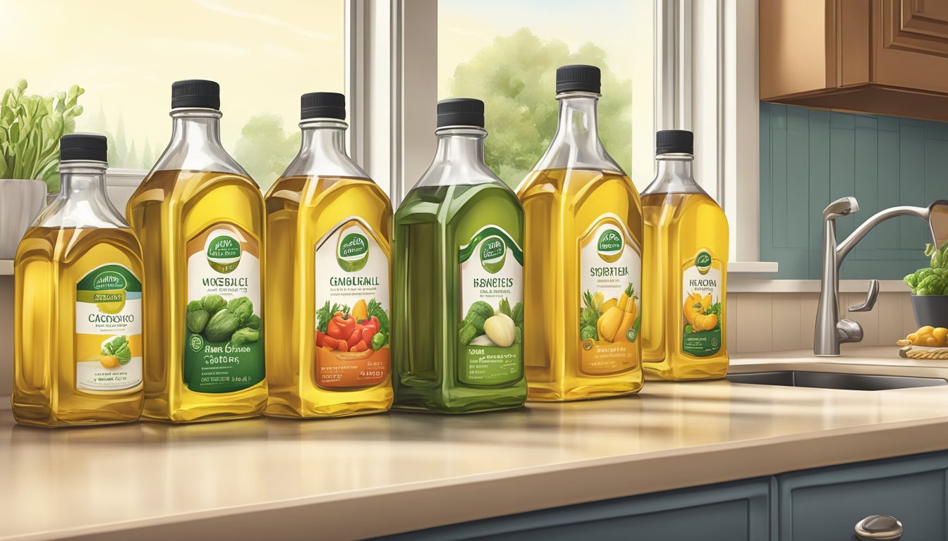 A variety of vegetable oil bottles arranged on a kitchen countertop, with a few of them being used sparingly