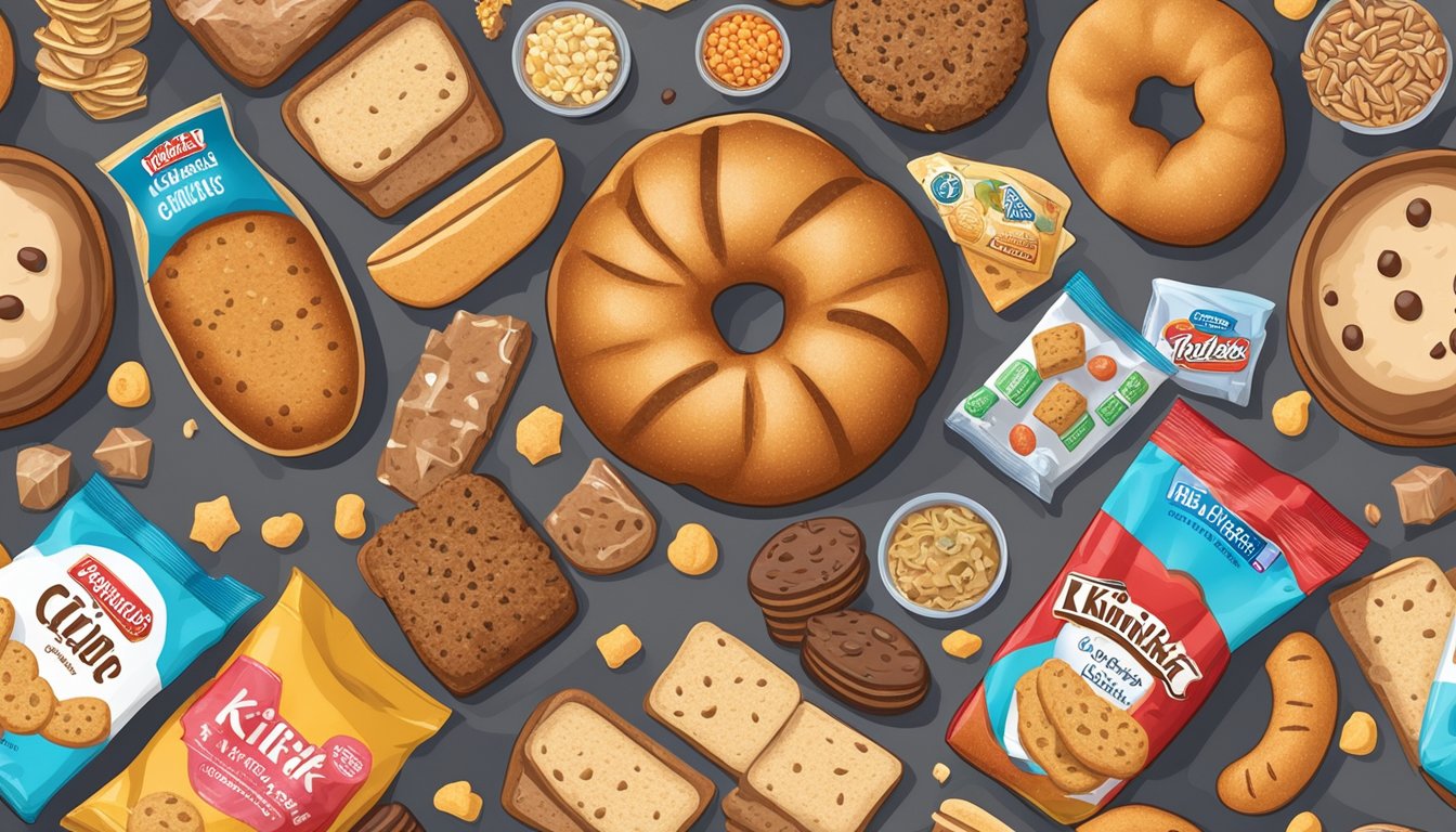 A loaf of Kinnikinnick Soft Multigrain Bread surrounded by 14 different gluten-free junk foods to avoid, such as cookies, chips, and candy