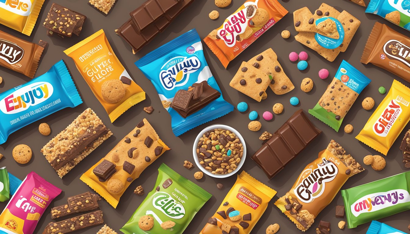 A colorful display of gluten-free junk foods, with a focus on Enjoy Life Chewy Bars in Chocolate Chip flavor