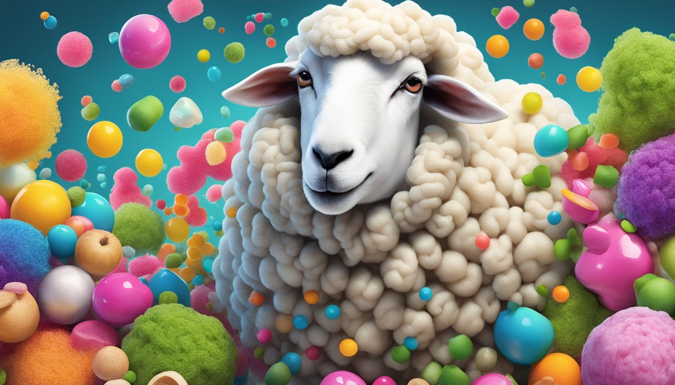 A sheep surrounded by vibrant, artificial ingredients and chemicals, with a look of confusion and discomfort on its face