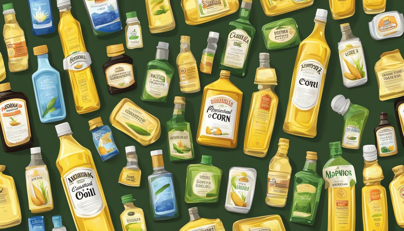 A bottle of corn oil surrounded by other bottles of various oils, with a cautionary label emphasizing limited use