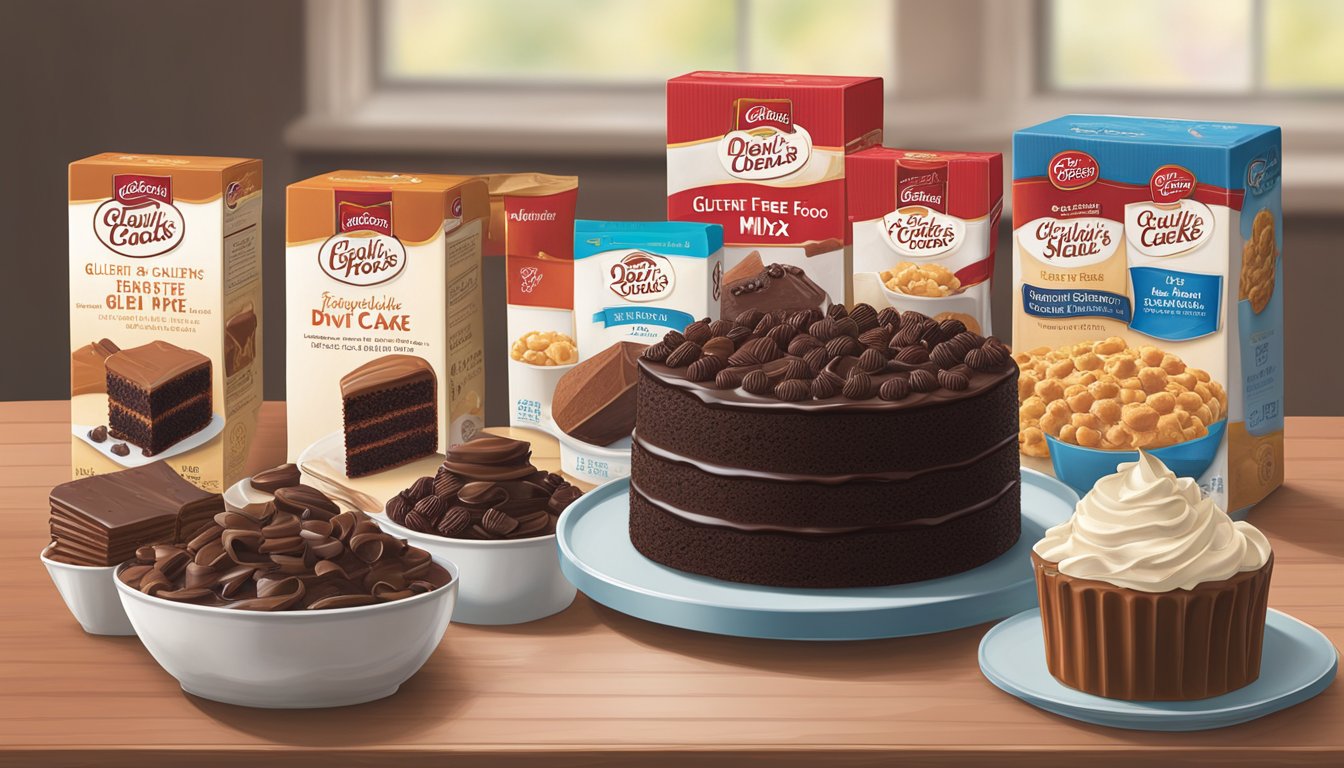 A tempting display of gluten-free junk foods, including Betty Crocker Gluten-Free Devil's Food Cake Mix, arranged on a table