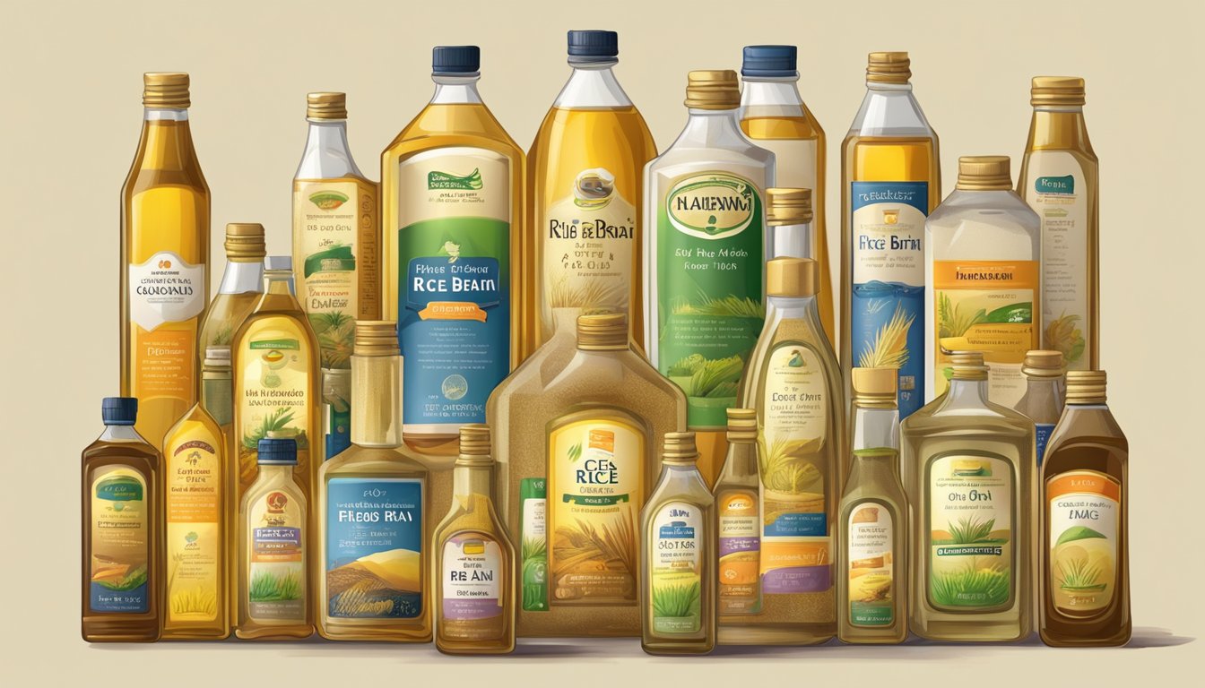 A bottle of rice bran oil surrounded by 10 other types of oil, with a cautionary label