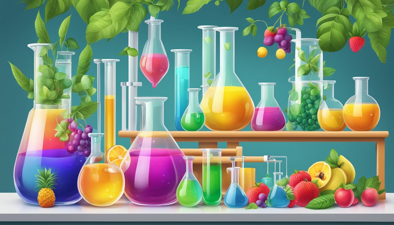 A laboratory with test tubes and beakers filled with brightly colored liquids, surrounded by various fruits and plants