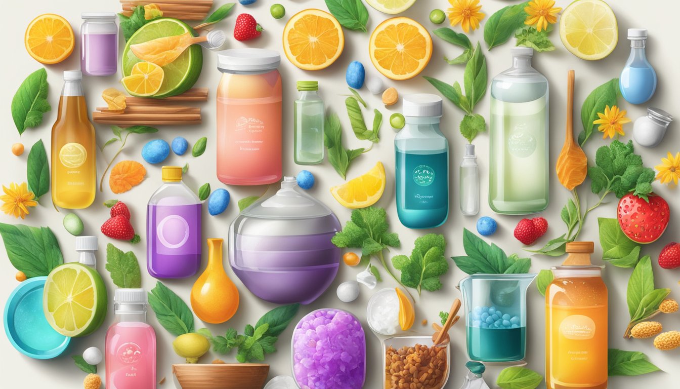 A colorful array of synthetic ingredients, such as chemicals and artificial flavors, surrounded by vibrant images of nature