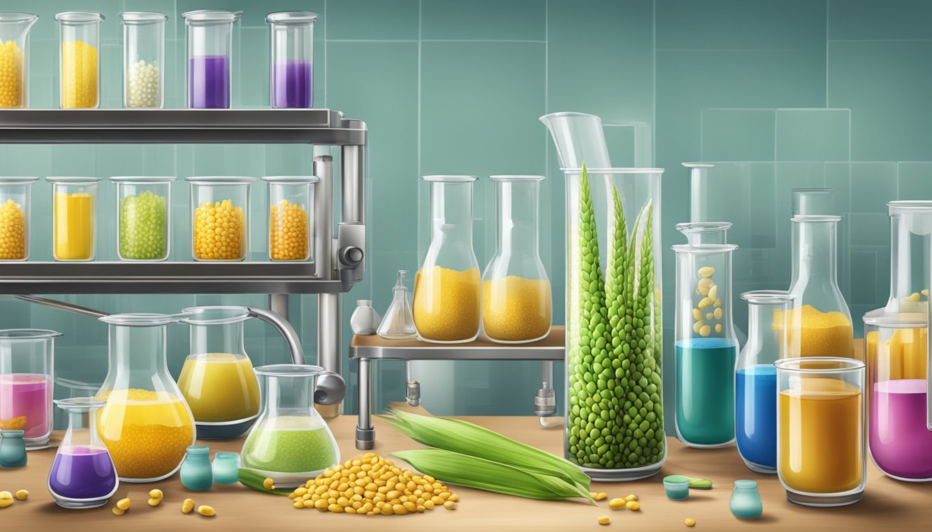 A laboratory setting with test tubes and beakers containing GM corn and ascorbic acid, surrounded by artificial flavoring ingredients