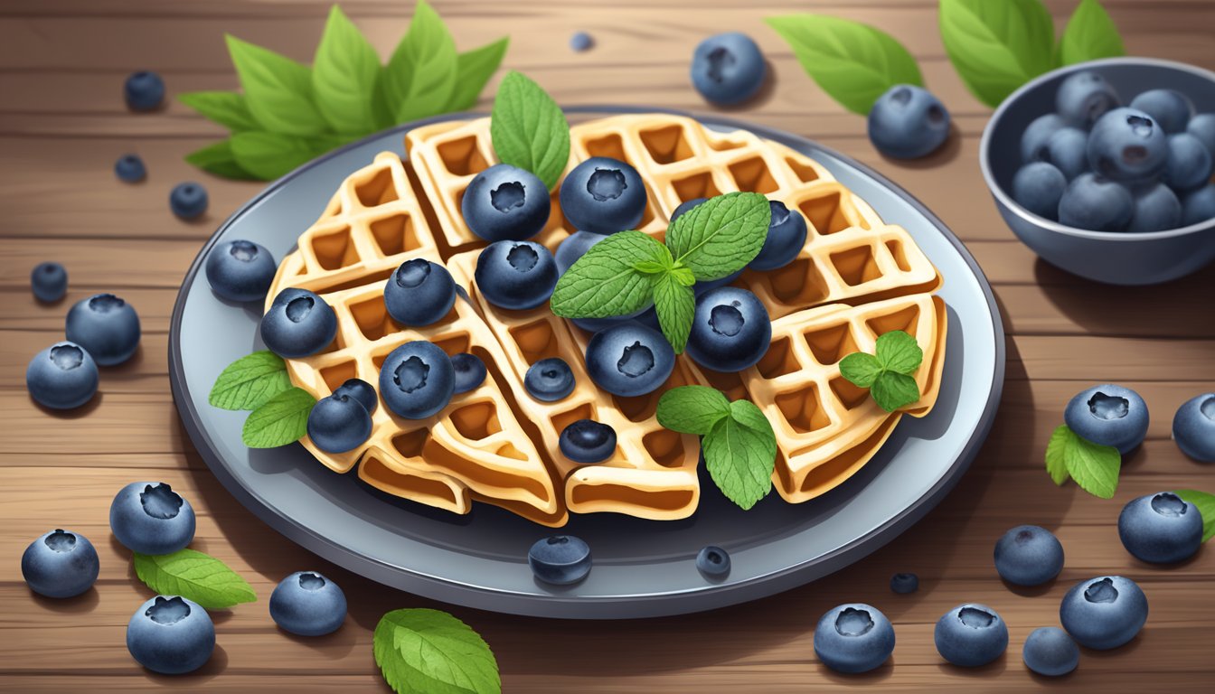 A plate of gluten-free blueberry waffles surrounded by scattered blueberries and a few leaves of fresh mint on a rustic wooden table