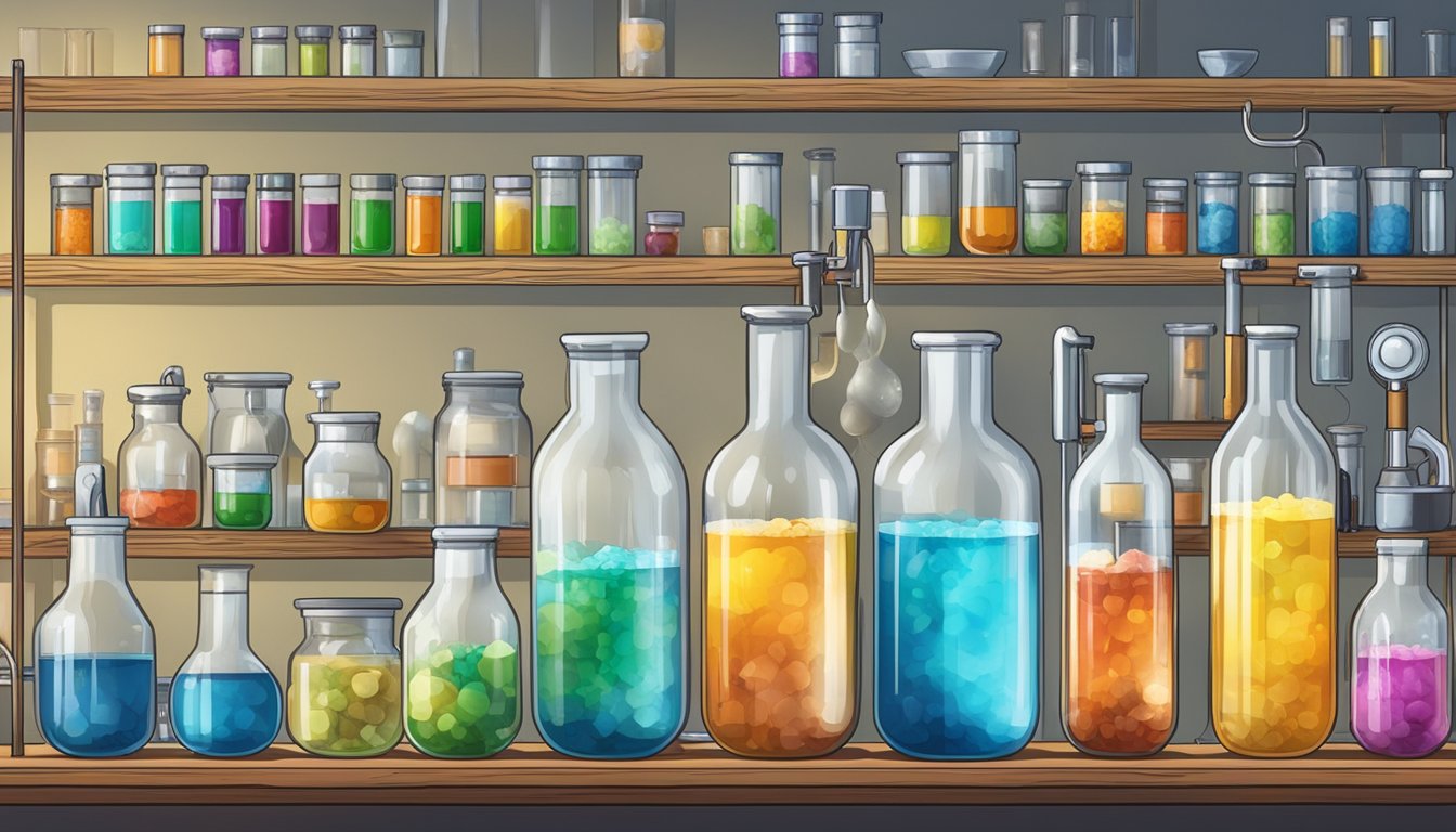 A laboratory with test tubes and beakers filled with various chemicals and flavorings, with a sign reading "Natural Flavors" above the workbench