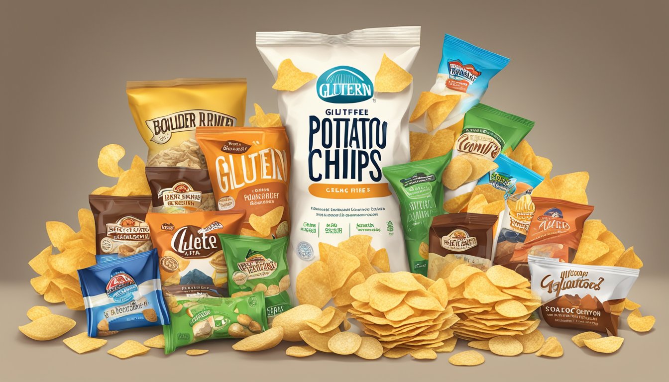 A bag of Boulder Canyon gluten-free potato chips surrounded by other gluten-free junk foods to avoid