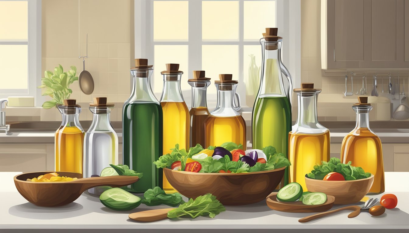 A variety of oil bottles arranged on a kitchen counter, with a measuring spoon and a salad bowl in the background