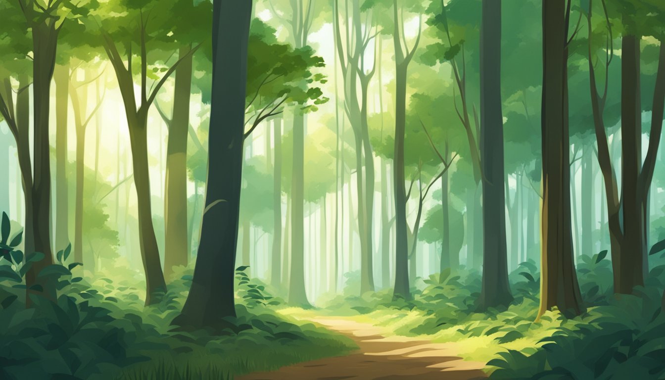 A forest of tall, slender trees with thick trunks and lush green leaves. Sunlight filters through the canopy, casting dappled shadows on the forest floor