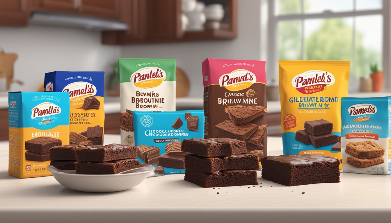 A tempting display of gluten-free junk foods, including Pamela's Products Chocolate Brownie Mix, arranged on a kitchen counter