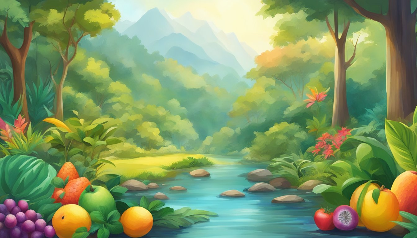 A lush forest scene with vibrant fruits and plants, surrounded by a clear stream and colorful wildlife