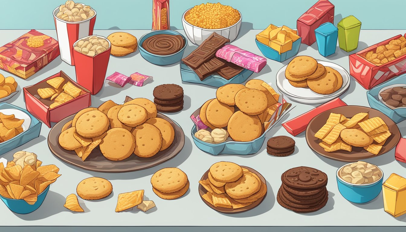 A table filled with gluten-free junk foods, including chips, cookies, and candy bars, with a big red X over each item