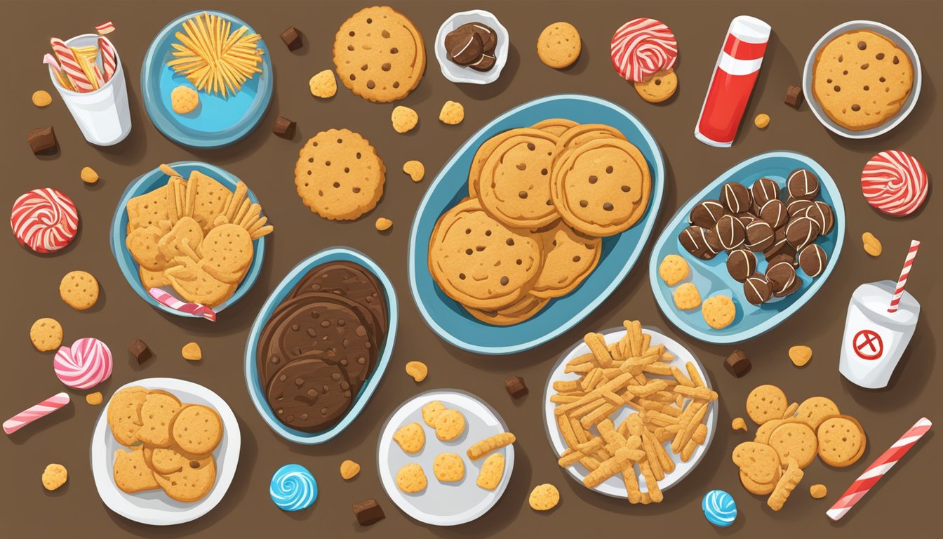 A table filled with gluten-free junk foods, including cookies, chips, and candy, with caution signs and a red "X" symbolizing their health implications