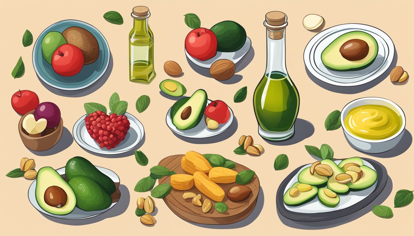 A table with a spread of foods, including avocados, nuts, and olive oil, labeled as "Heart-Healthy" but with a red heart symbol crossed out