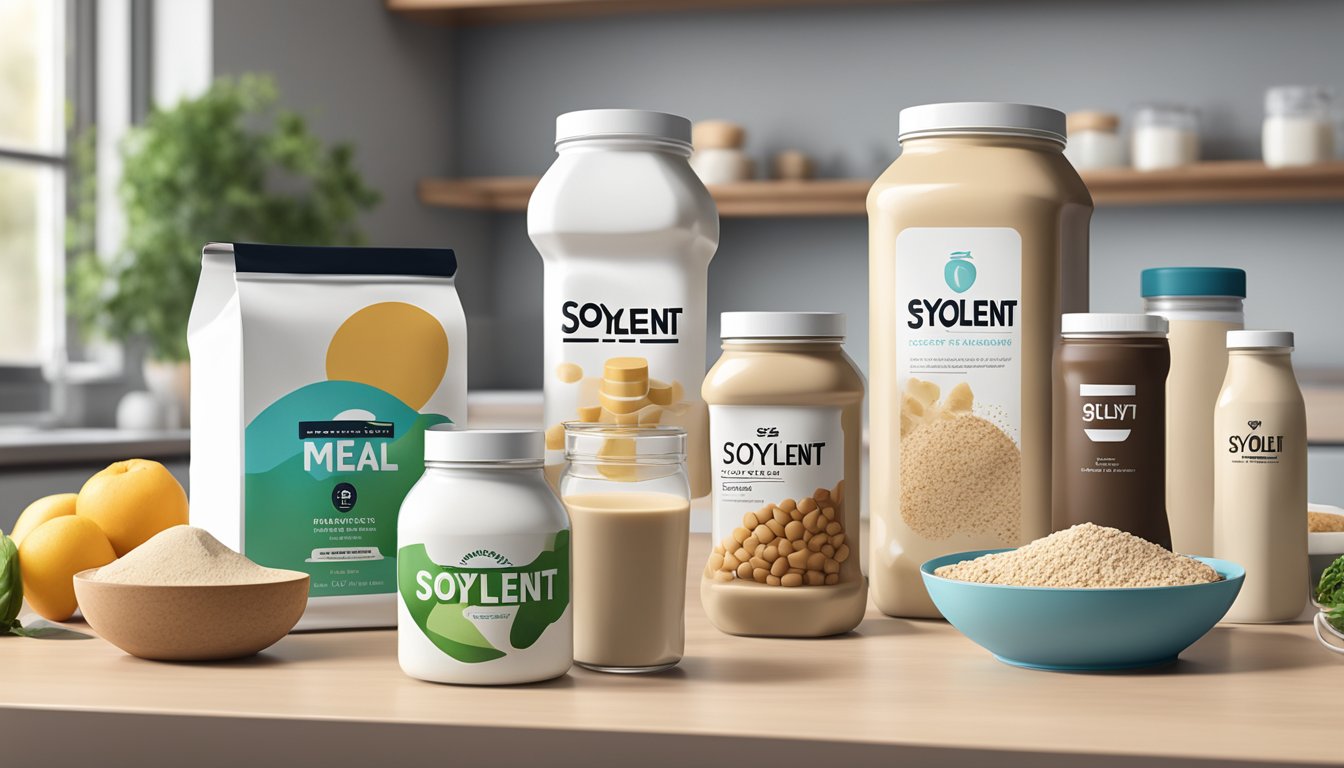 A variety of protein-fortified foods, including Soylent meal replacement, arranged on a modern kitchen counter