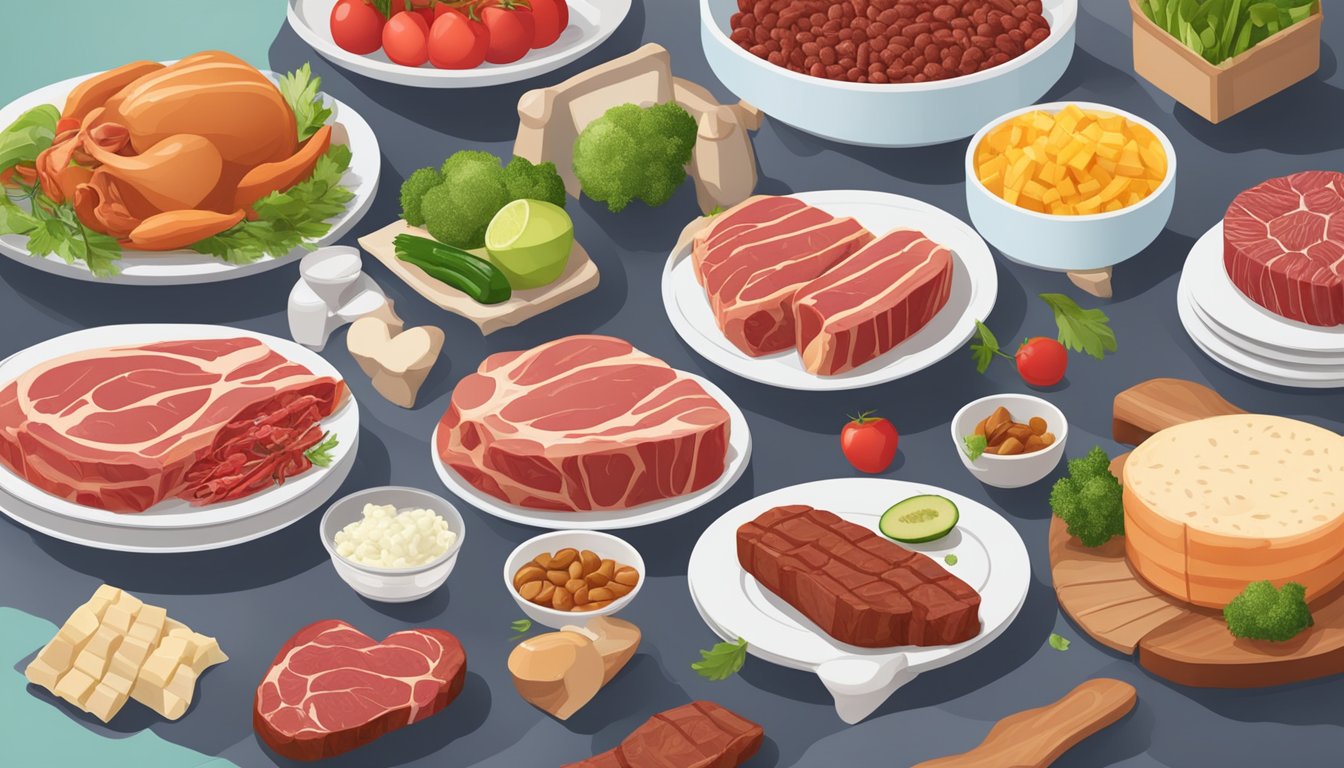 A table with a variety of foods, including red meat, surrounded by heart-healthy labels