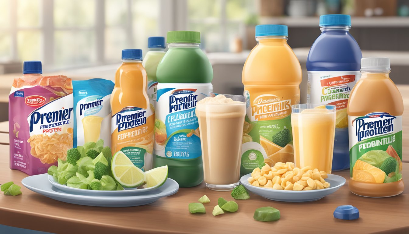 A variety of protein-fortified foods and drinks are scattered on a table, including Premier Protein Clear Drinks