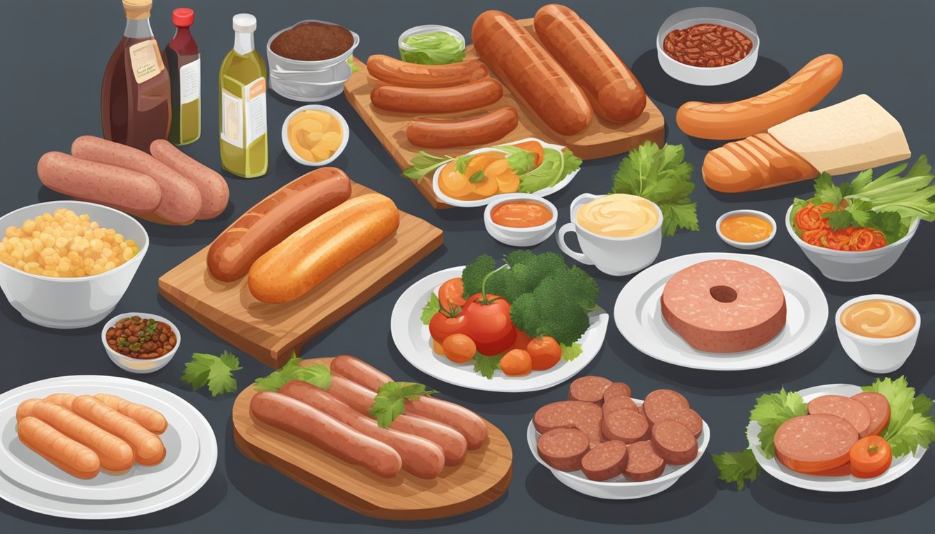 A table with a variety of foods, including sausages, surrounded by heart-healthy labels