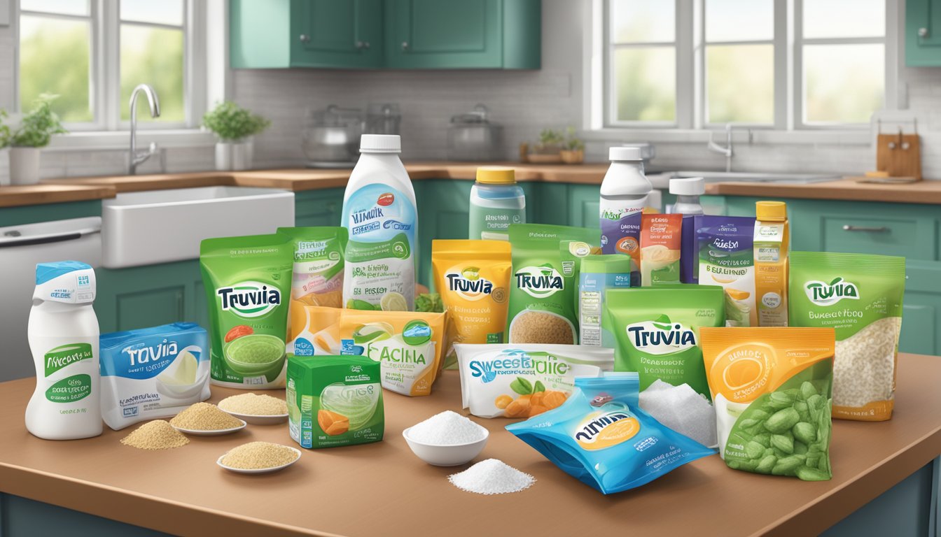 A cluttered kitchen counter with various sugar-free products, including Truvia Calorie-Free Sweetener, surrounded by artificial sweetener packets and containers