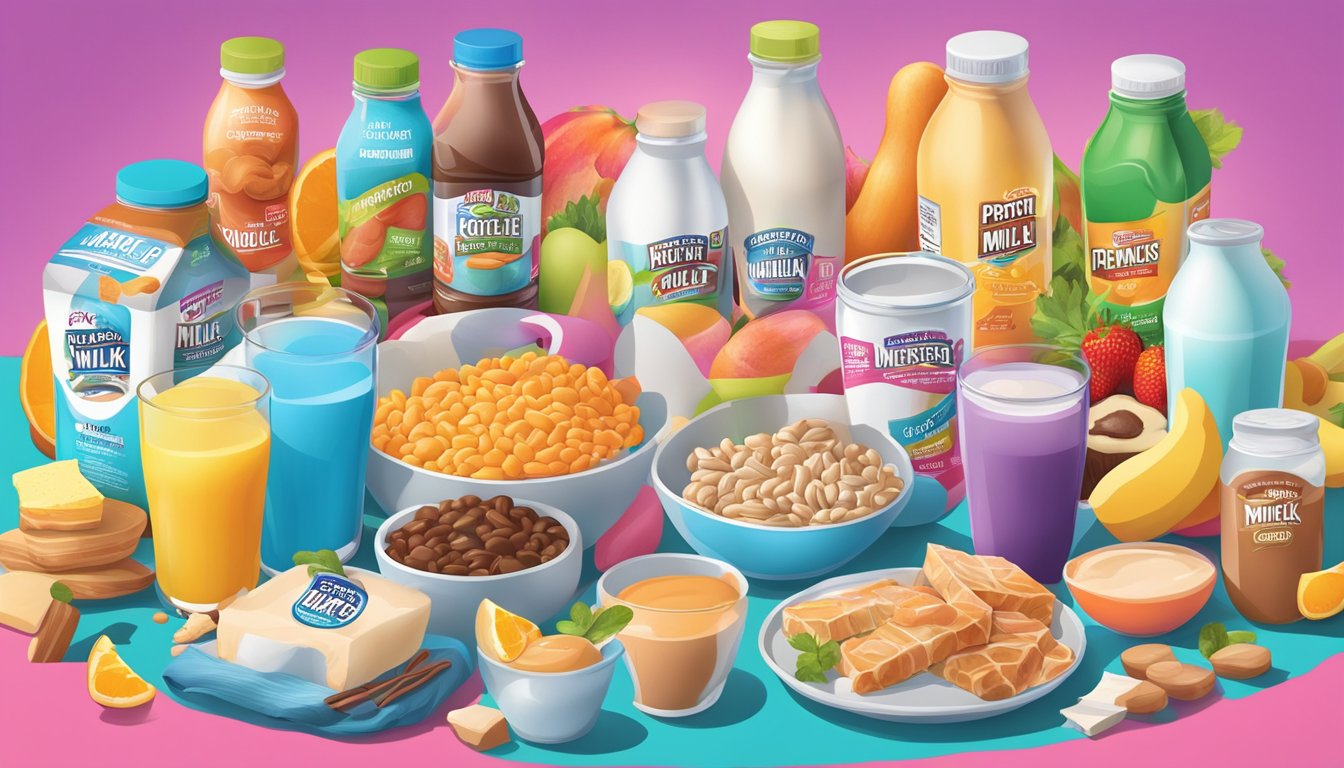 A table with various protein-fortified foods, including Muscle Milk Light, surrounded by exaggerated marketing elements such as bright colors and bold claims