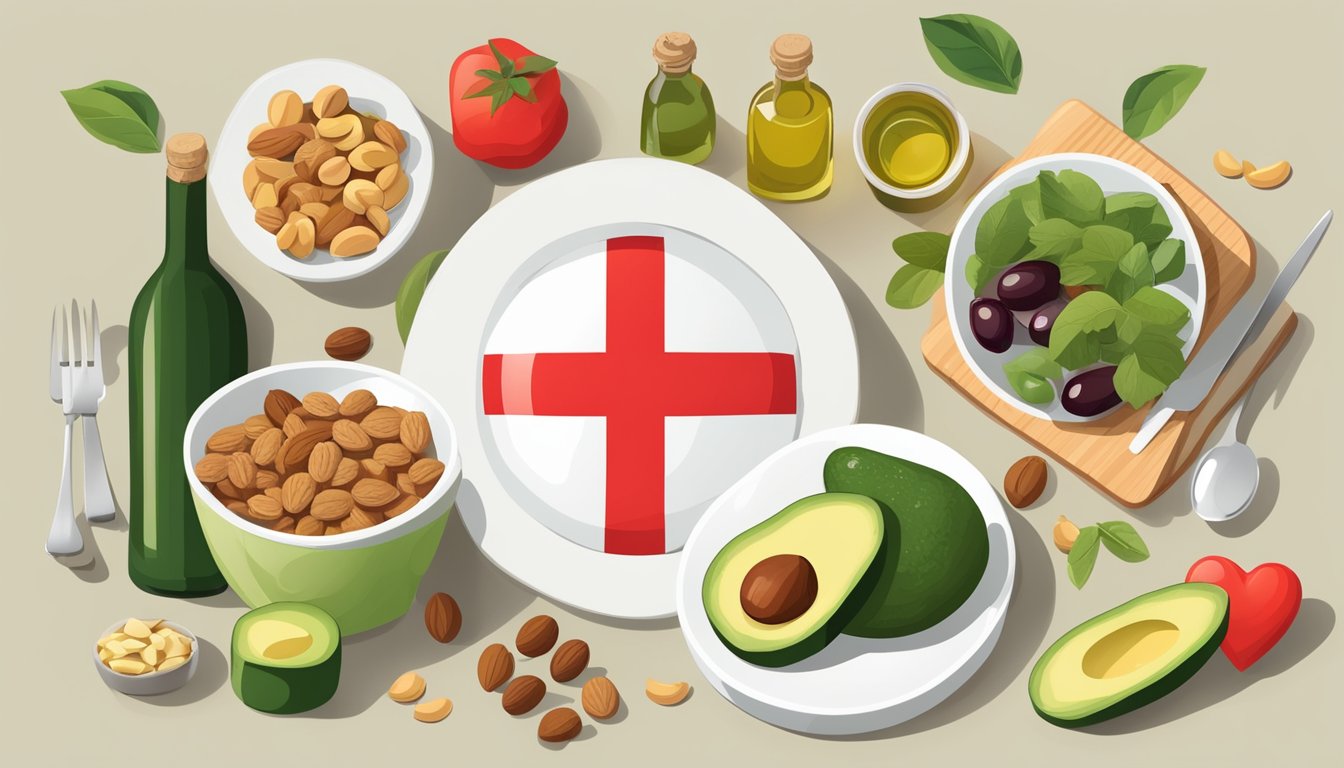 A table spread with foods like avocado, nuts, and olive oil, surrounded by heart-shaped icons with a red cross over them