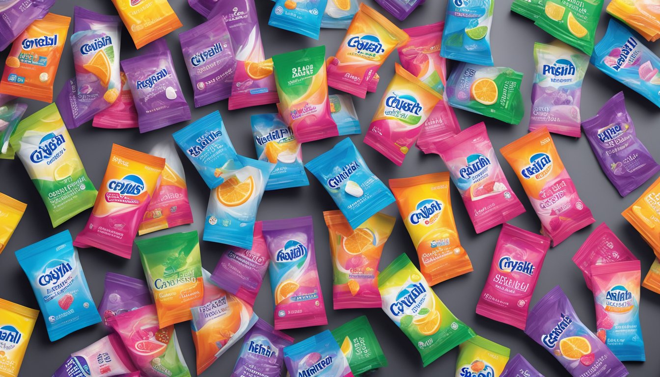 A colorful array of Crystal Light drink mix packets arranged on a sleek, modern countertop. The artificial sweetener-loaded products stand out with their vibrant packaging